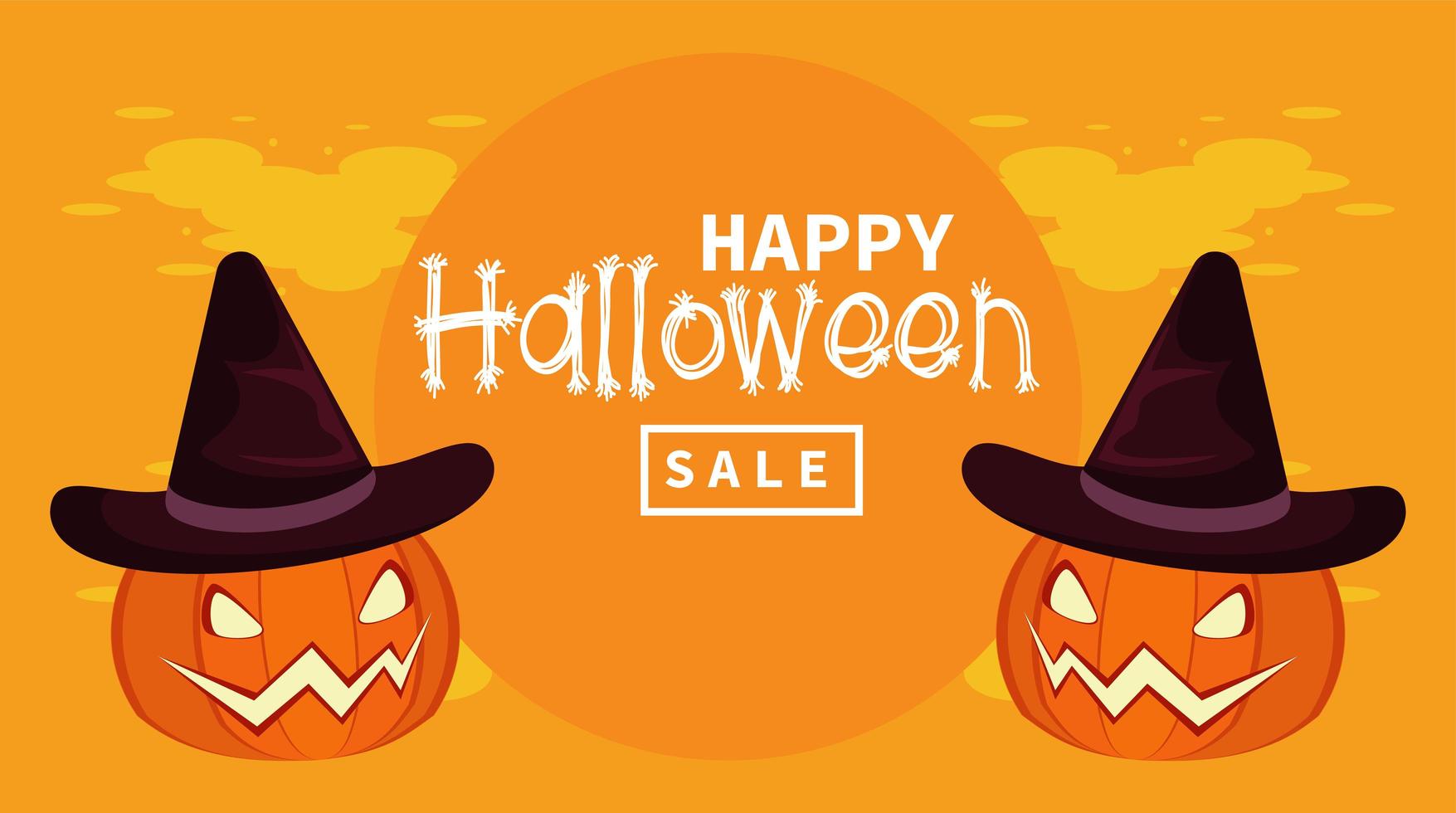 happy halloween celebration card with pumpkins wearing witch hats vector