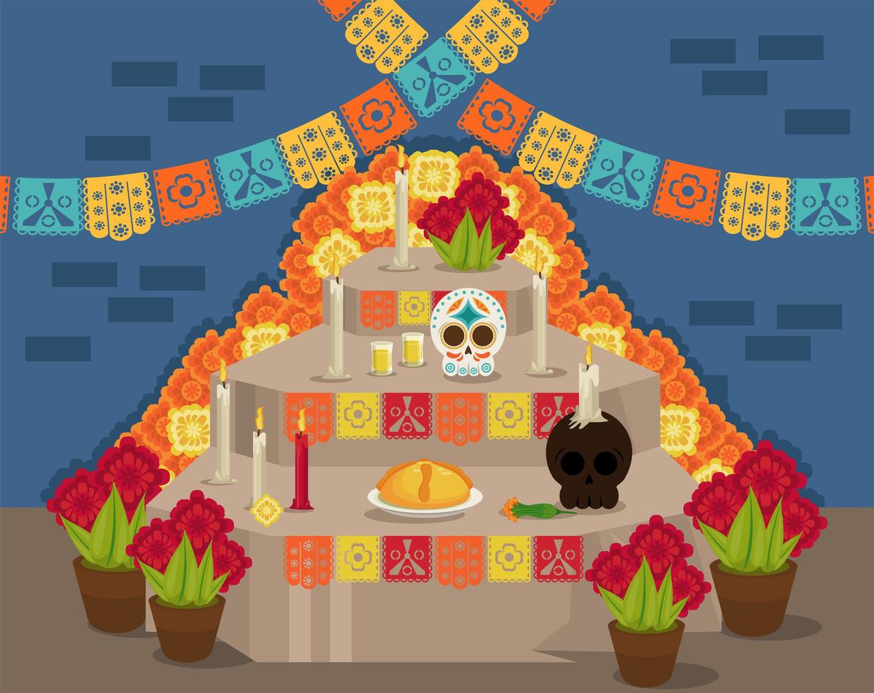 cartel del dia de los muertos con altar de oración y guirnaldas vector