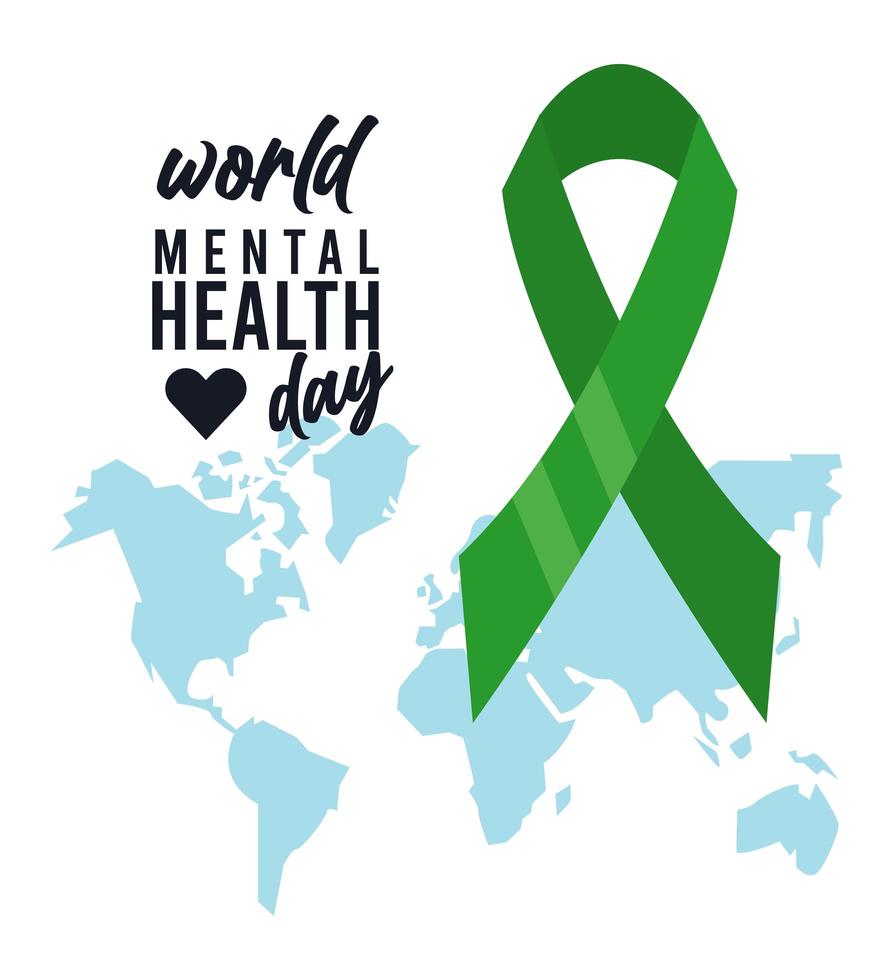 world mental health day campaign with earth maps and ribbon vector