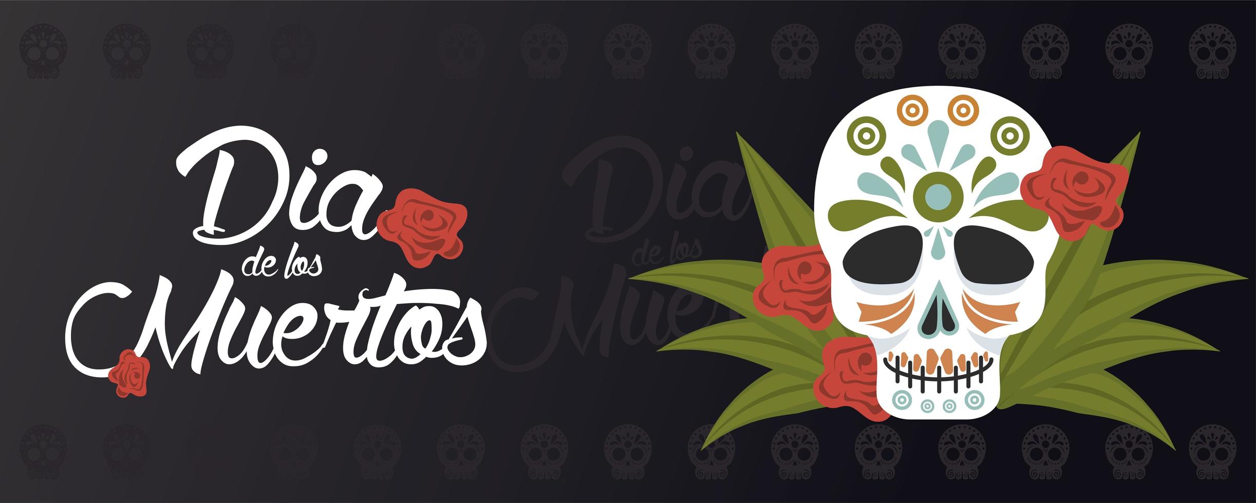 dia de los muertos poster with head skull and flowers vector
