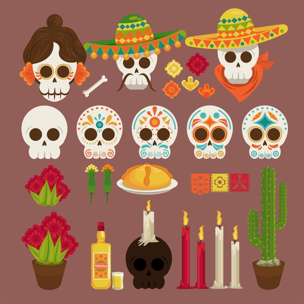 dia de los muertos poster with heads skulls and icons vector