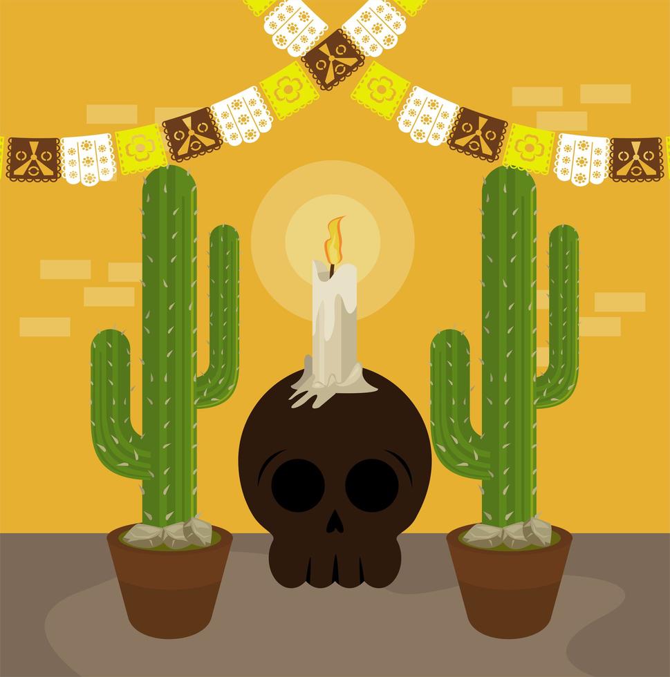 cartel del dia de los muertos con calavera y cactus vector