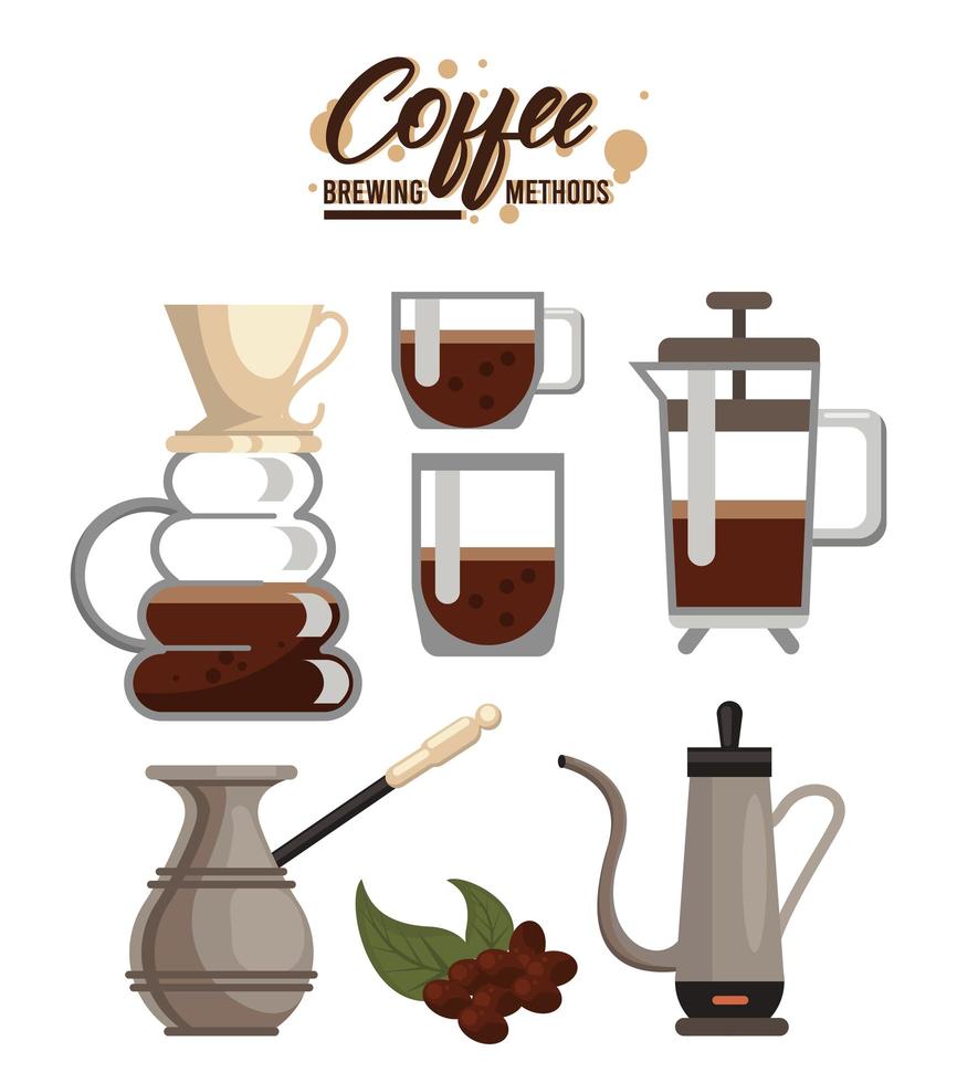six coffee brewing methods bundle set icons vector