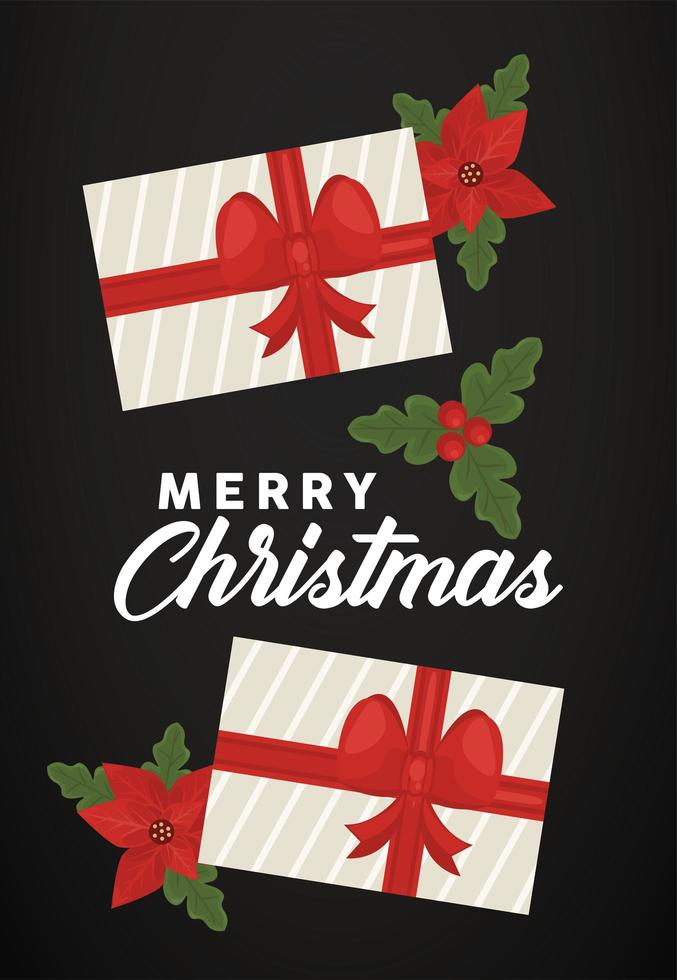 merry christmas lettering with gifts and leaves in black background vector