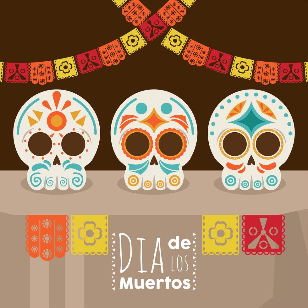 cartel del dia de los muertos con calaveras y guirnaldas vector