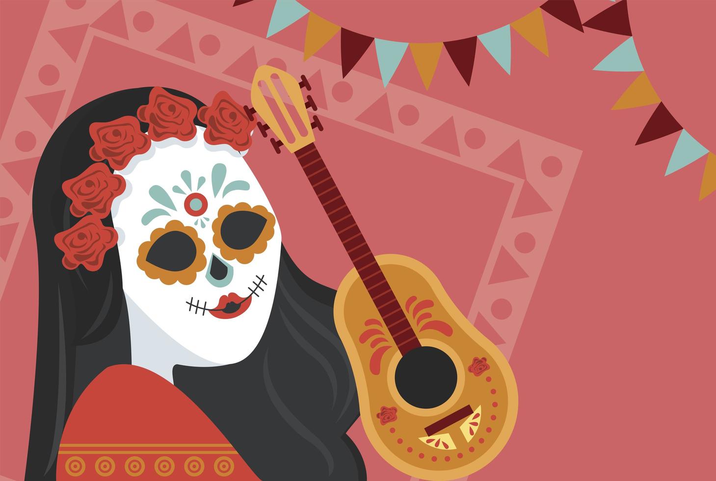 cartel del dia de los muertos con calavera katrina y guitarra vector