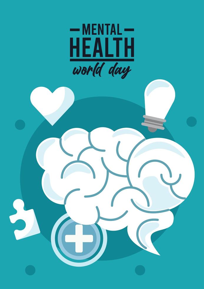 world mental health day campaign with brain organ and icons vector