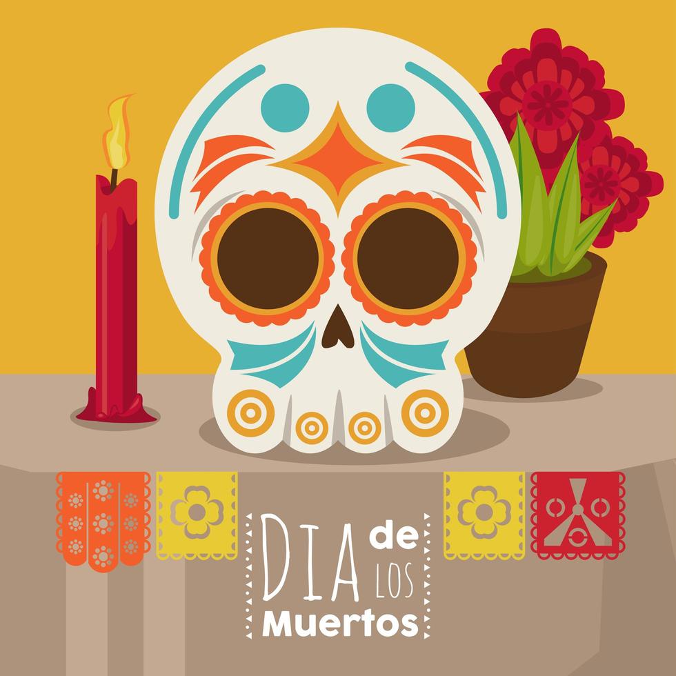 cartel del dia de los muertos con cabeza de calavera y velas y flores vector