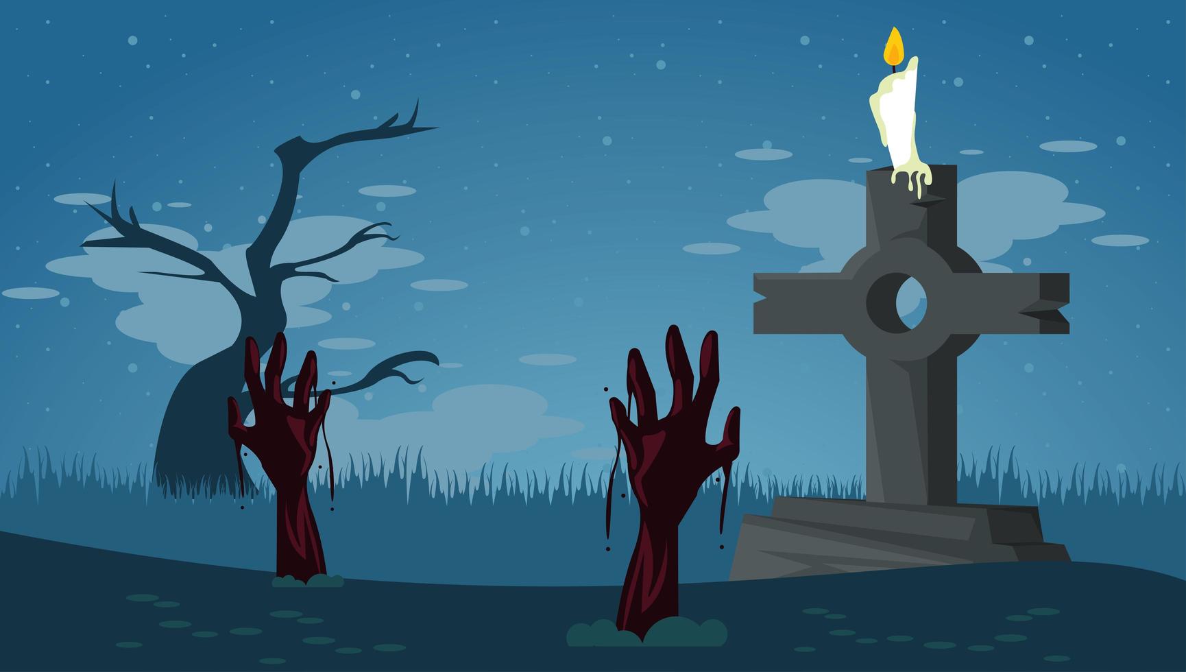 happy halloween celebration card with zombies hands in tomb cemetery vector