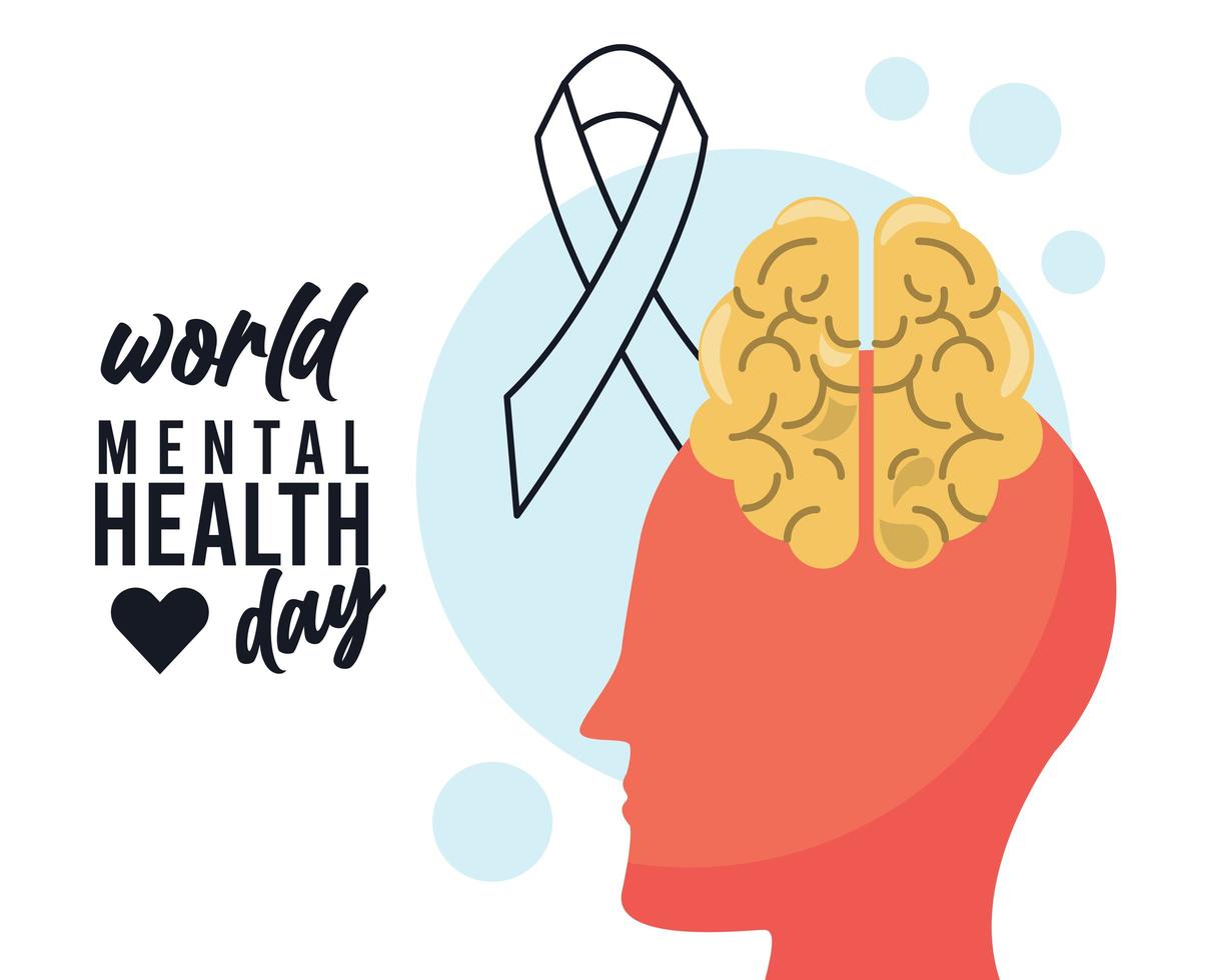 world mental health day campaign with brain profile and ribbon vector
