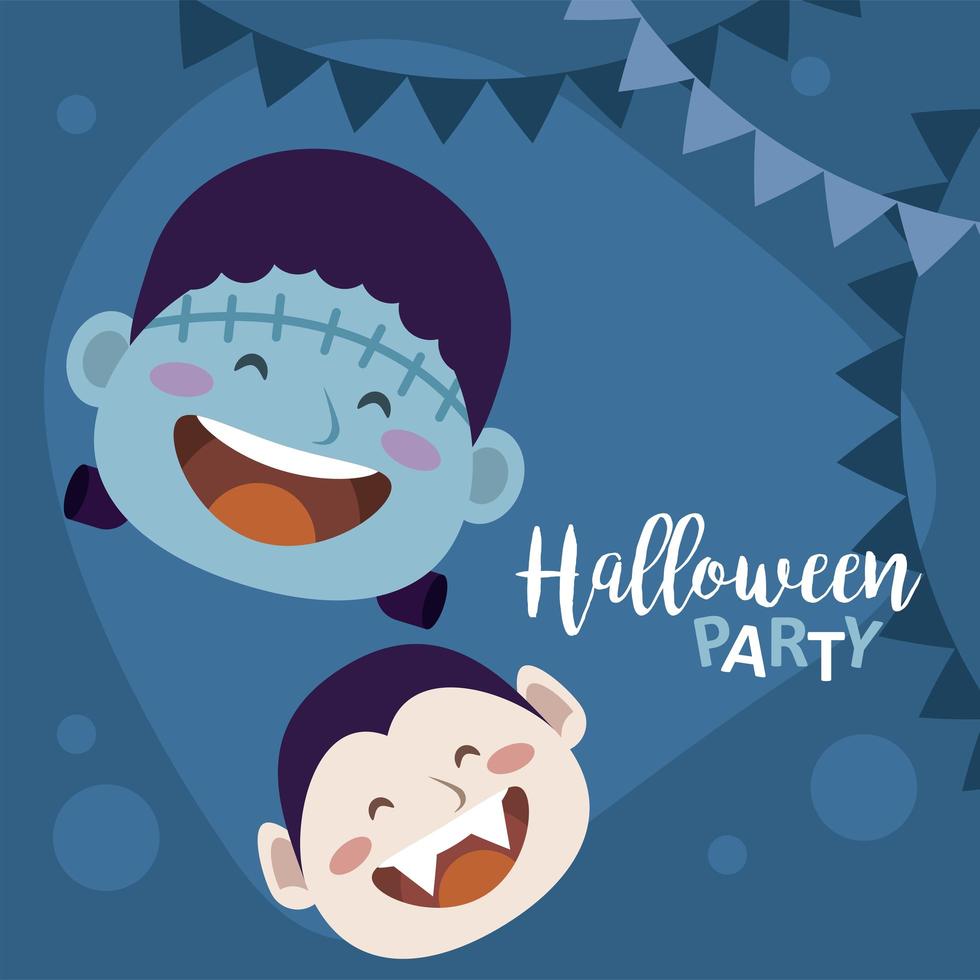 happy halloween party with dracula and frankenstein heads vector