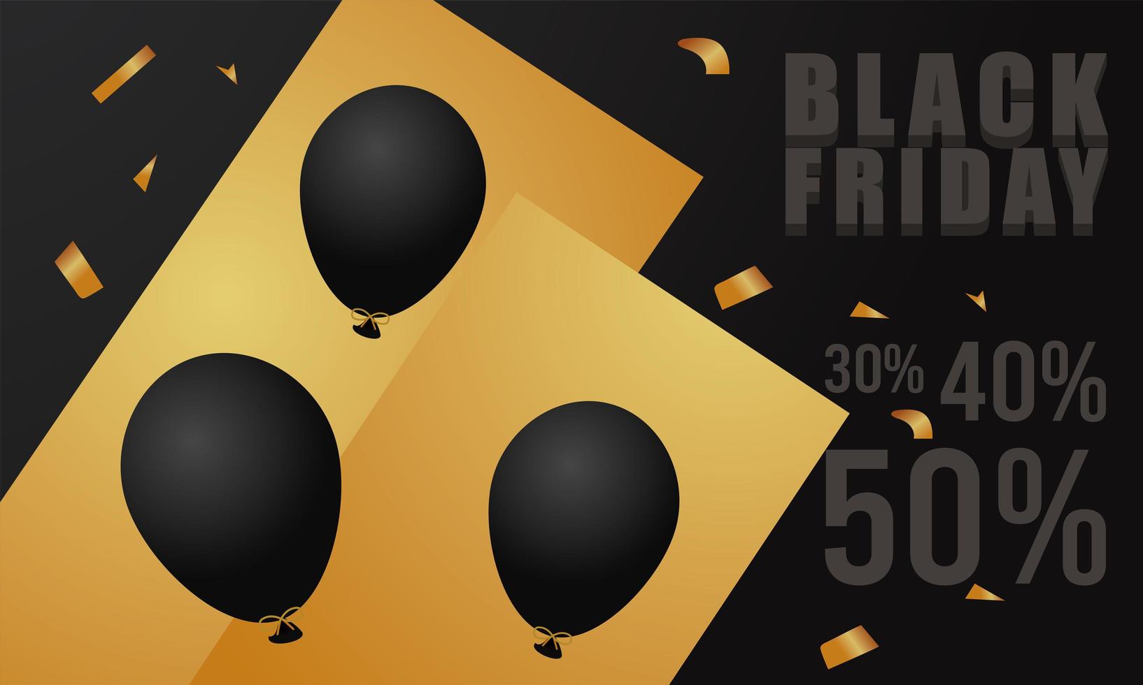 Banner de letras de venta de viernes negro con globos de helio y confeti dorado vector
