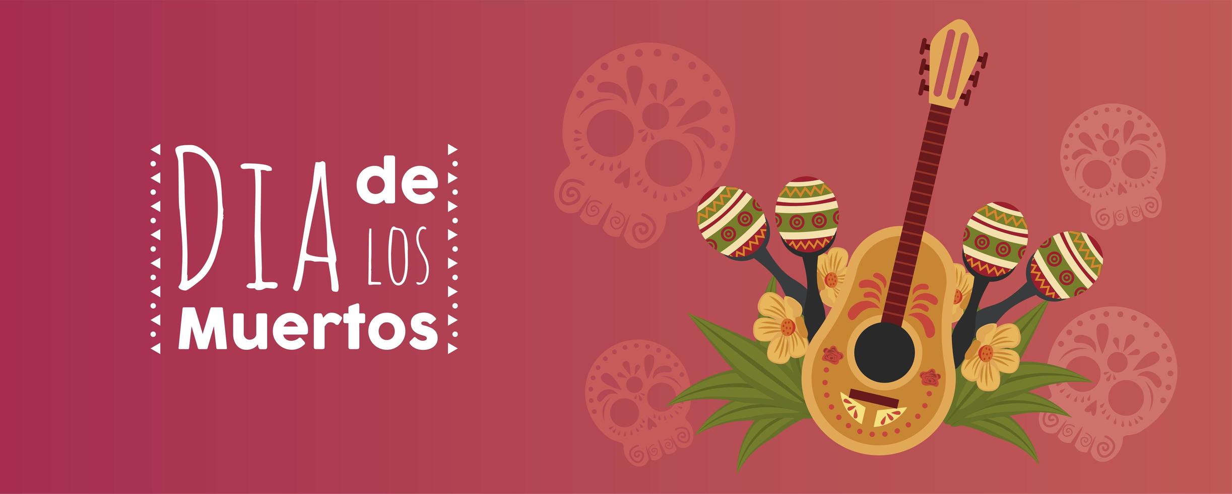 cartel del dia de los muertos con guitarra y maracas vector