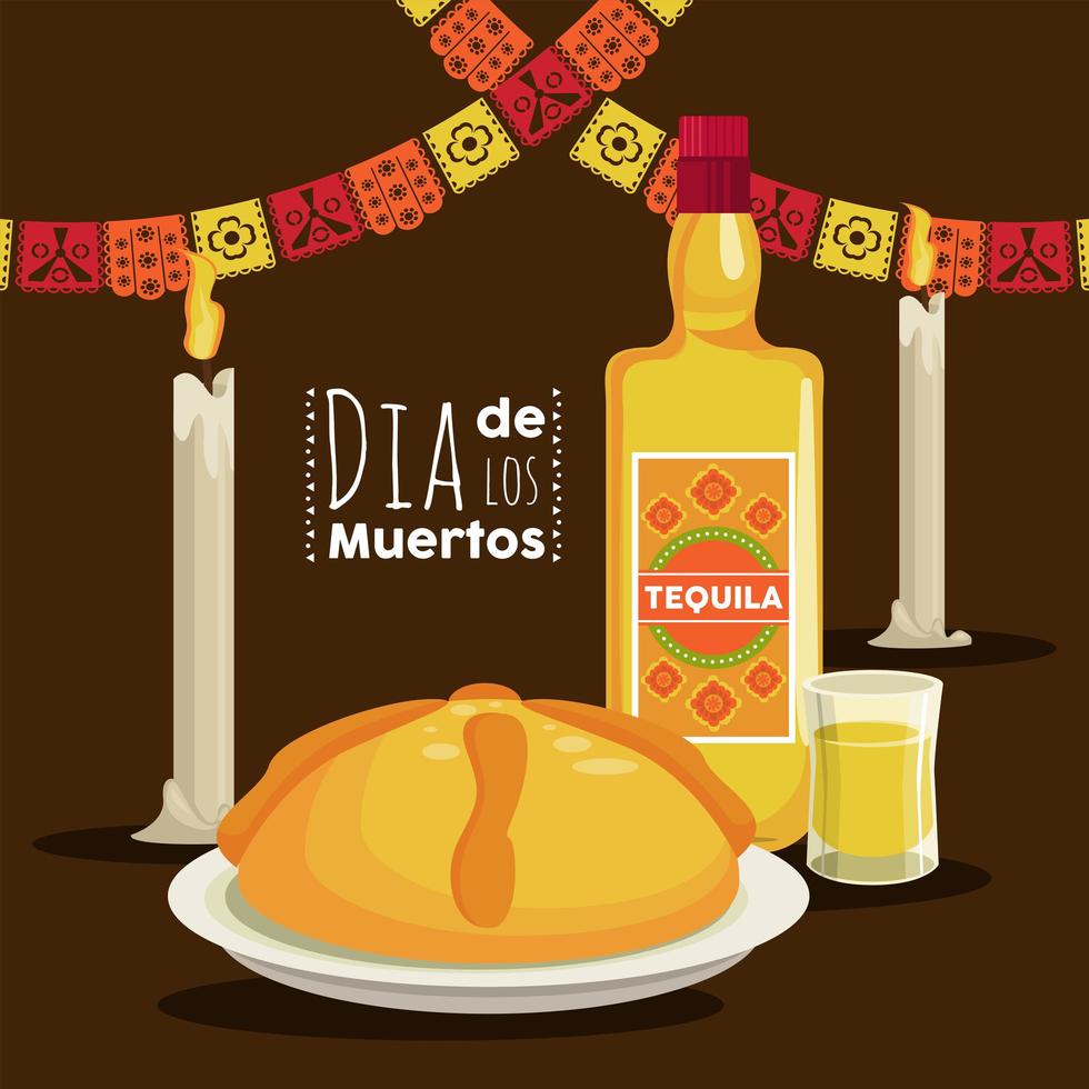 cartel del dia de los muertos con botella de tequila y guirnaldas vector