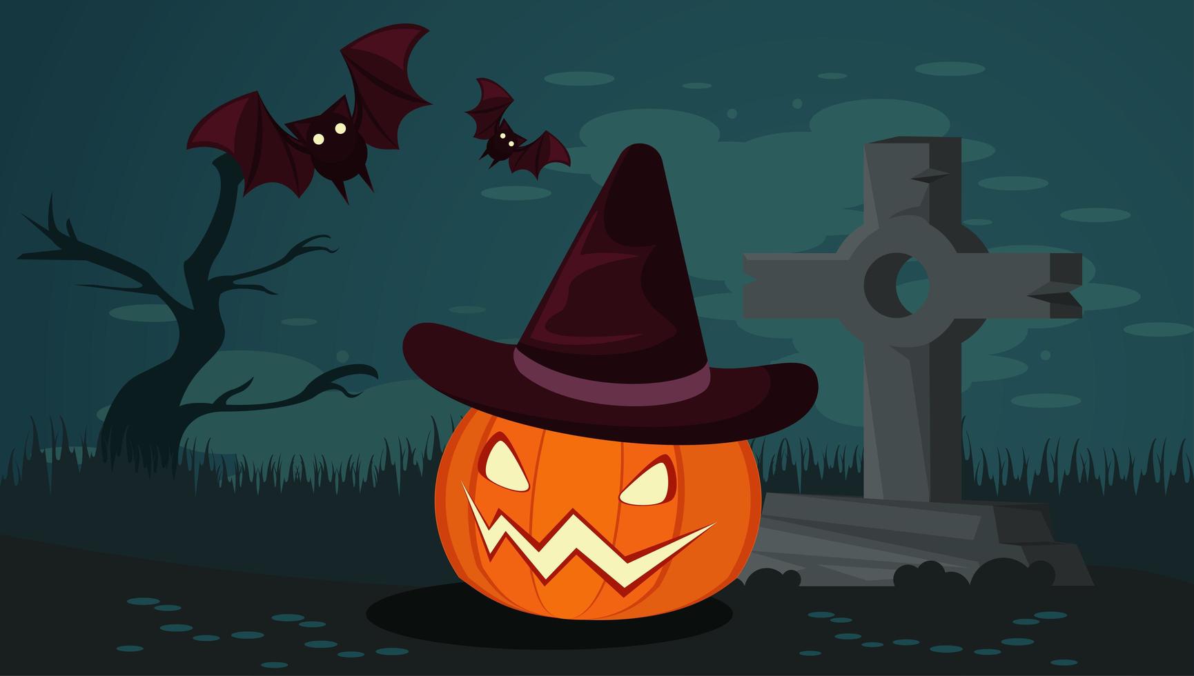 Feliz tarjeta de celebración de halloween con calabaza y murciélagos en el cementerio vector