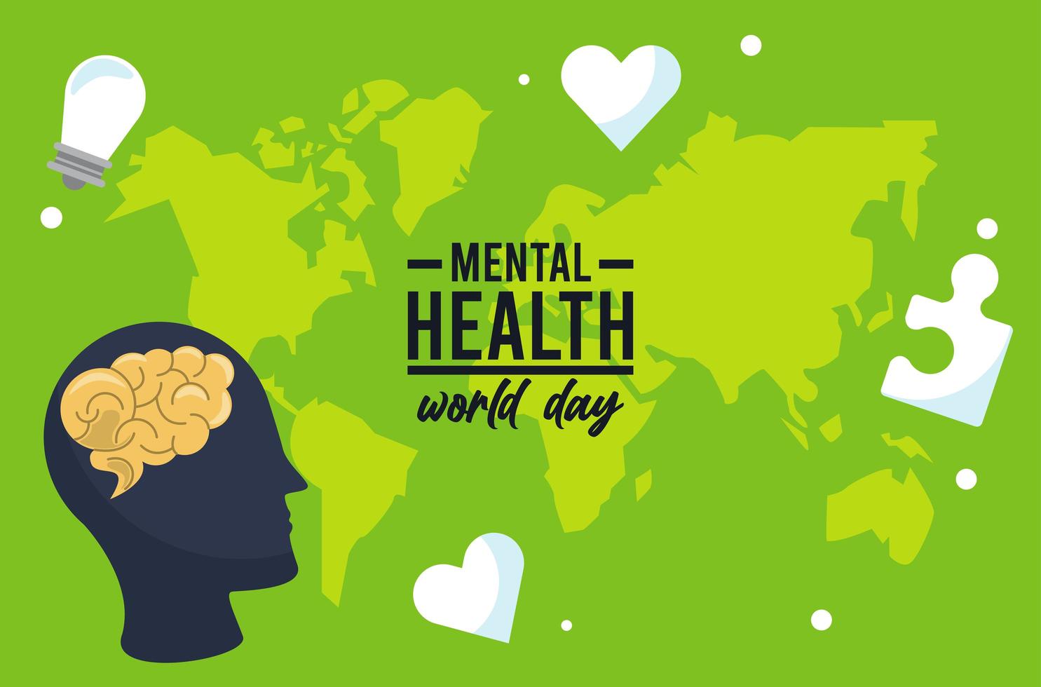 world mental health day campaign with brain profile and earth maps vector