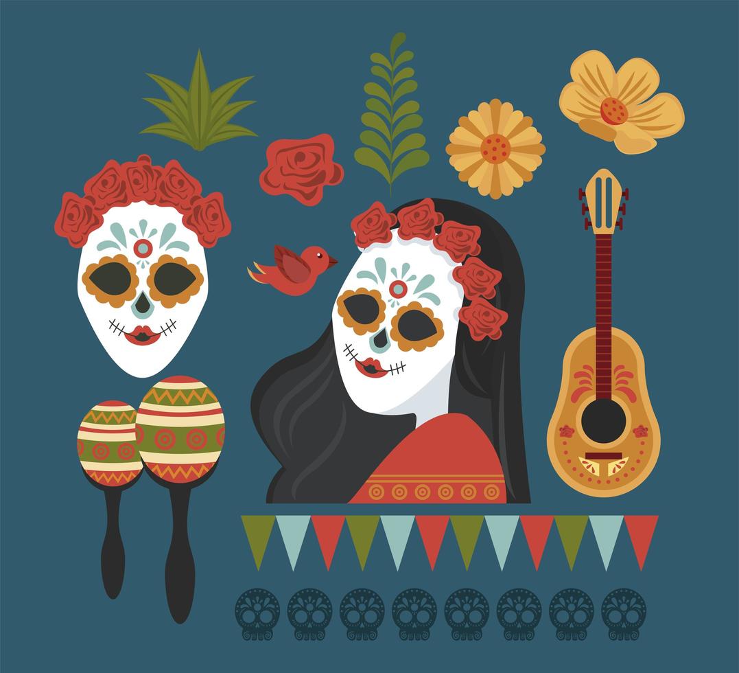 dia de los muertos poster with katrina skulls and instruments vector