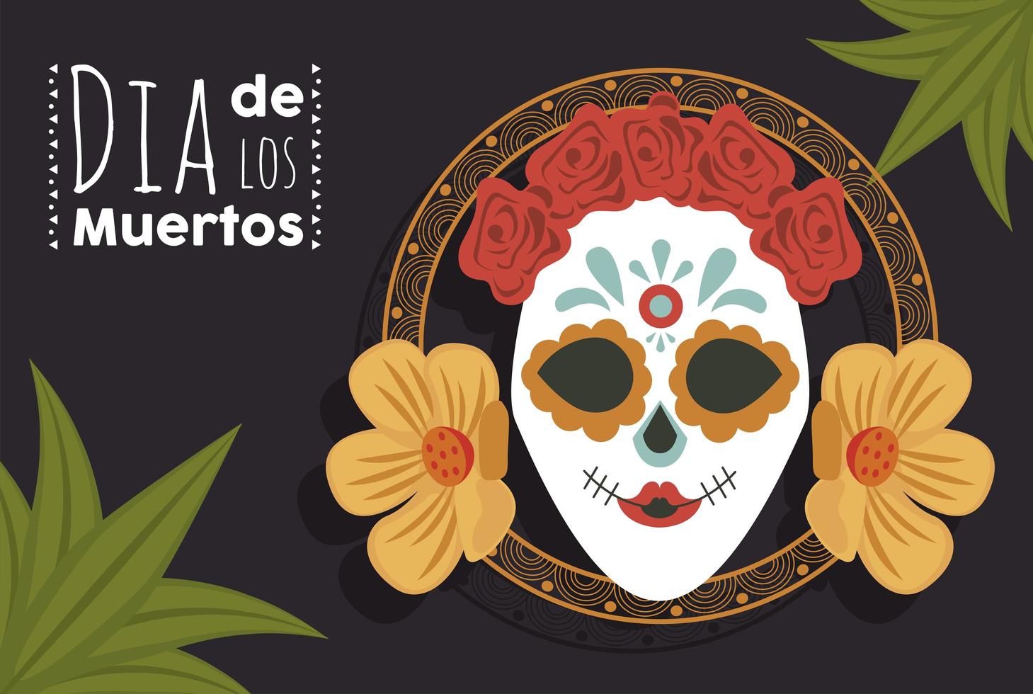 dia de los muertos poster with katrina skull and leaves vector