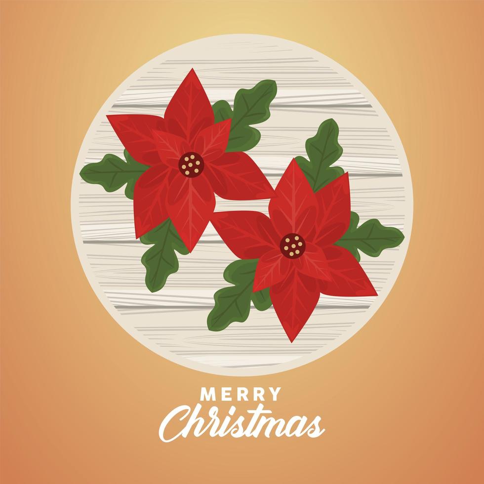 merry christmas lettering with flowers in circular wooden frame vector