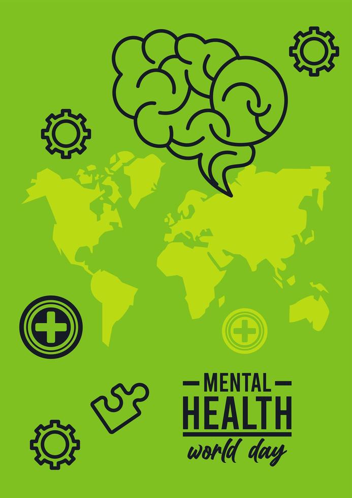 campaña del día mundial de la salud mental con mapas terrestres y cerebro vector