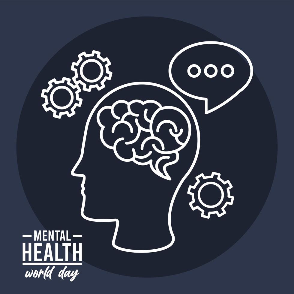 world mental health day campaign with brain profile and gears line style vector