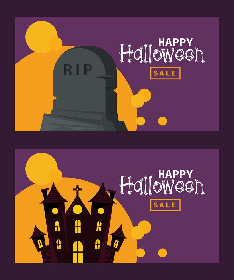 happy halloween celebration card with haunted castle and tomb stone vector