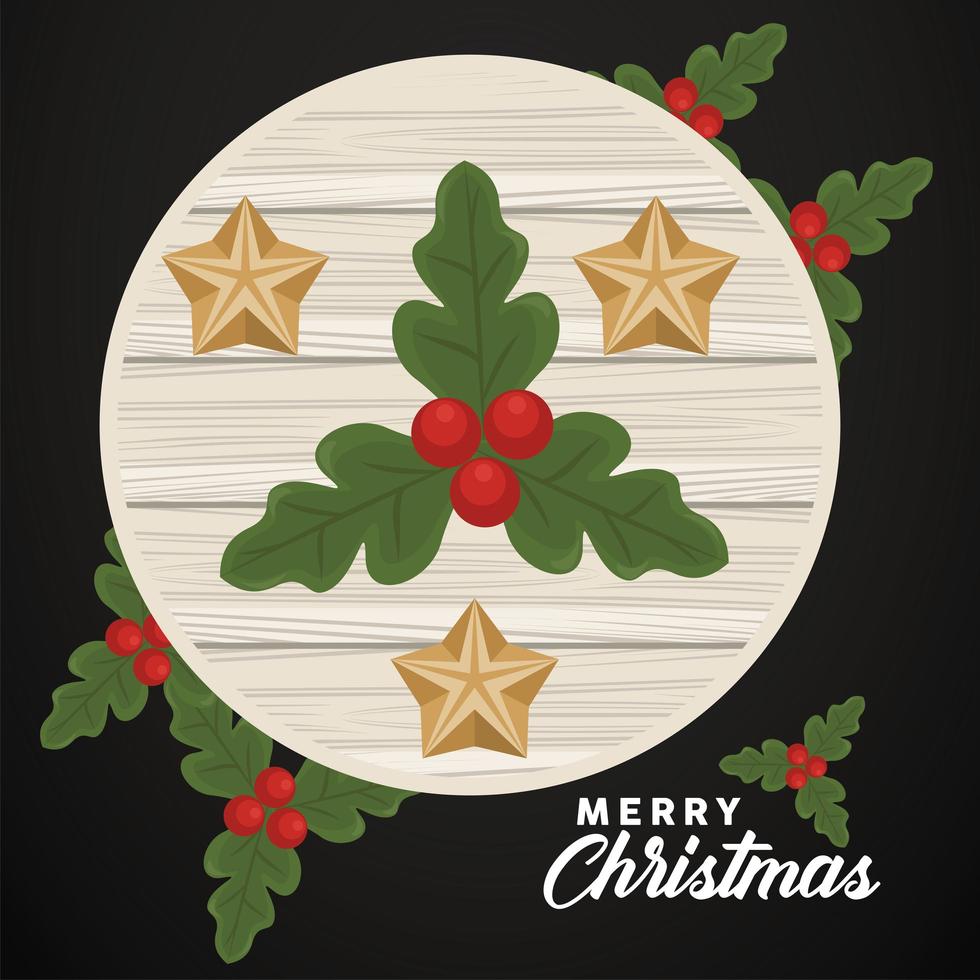 merry christmas lettering with leaves and stars in wooden frame vector