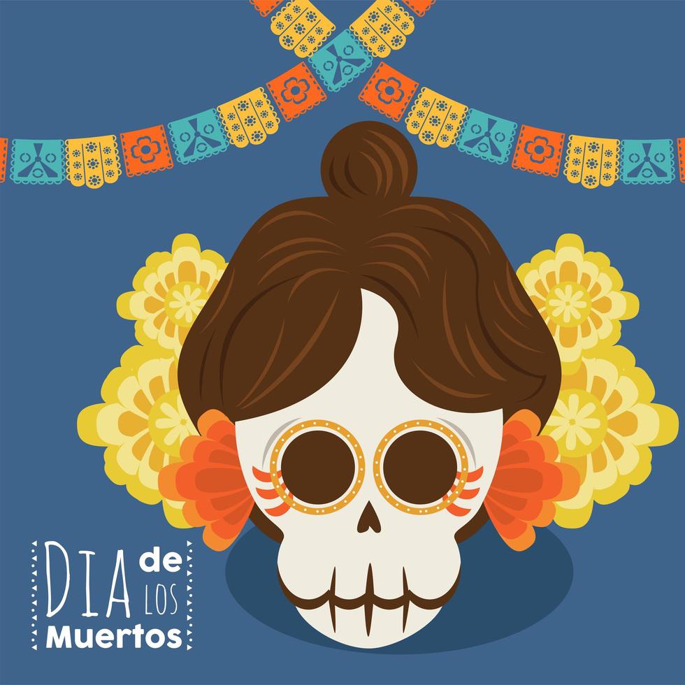 cartel del dia de los muertos con calavera katrina y flores vector