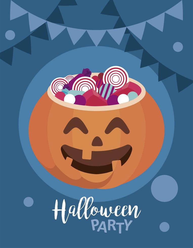 happy halloween party with sweet candies in pumpkin vector