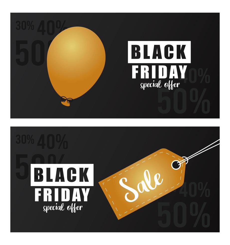 Banner de venta de viernes negro con etiqueta dorada y globo de helio. vector