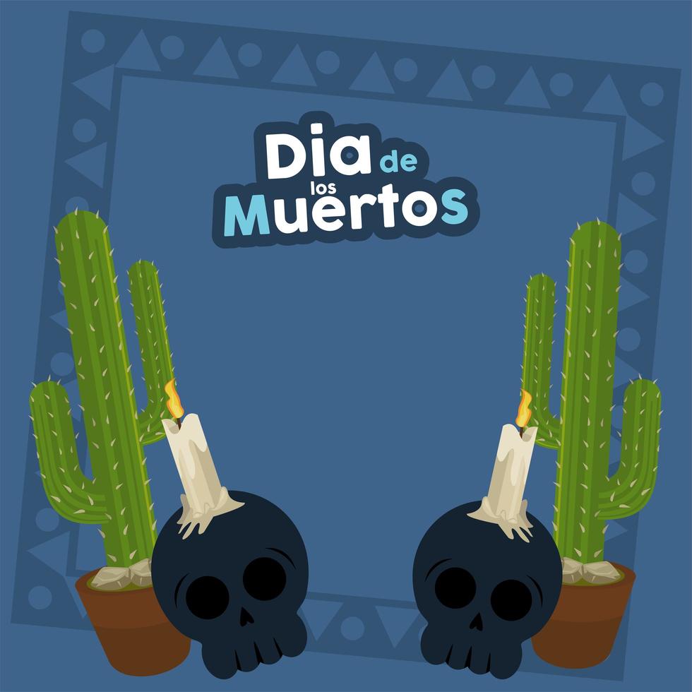 cartel del dia de los muertos con calaveras y cactus vector