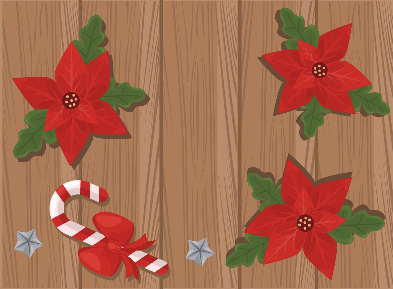 merry christmas card with flowers and leaves in wooden background vector