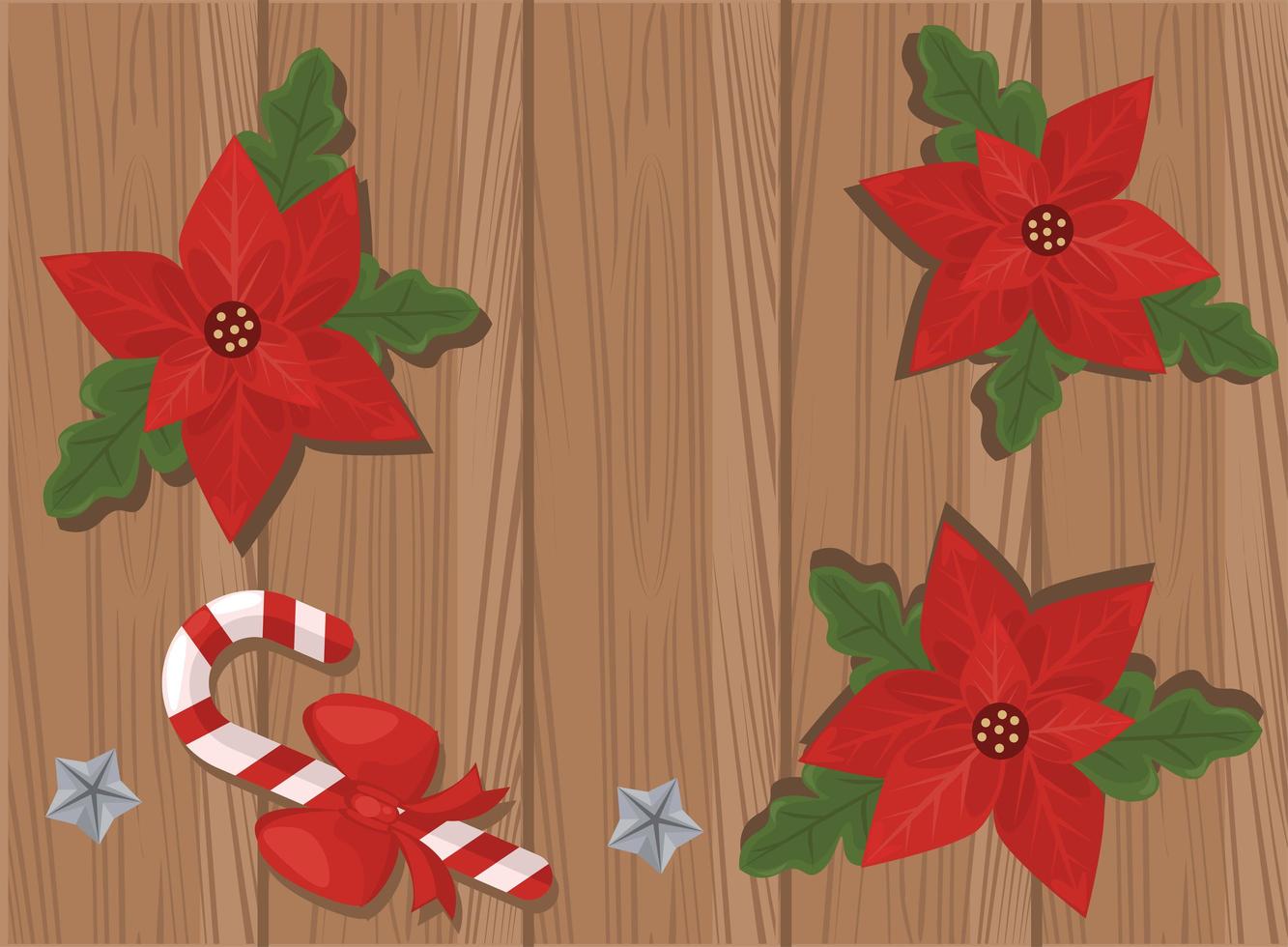 Feliz Navidad tarjeta con flores y hojas en fondo de madera vector