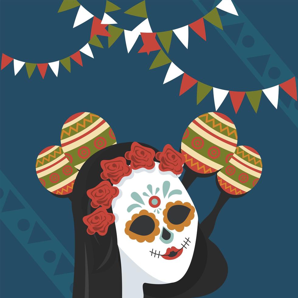 cartel del dia de los muertos con calavera katrina y maracas vector