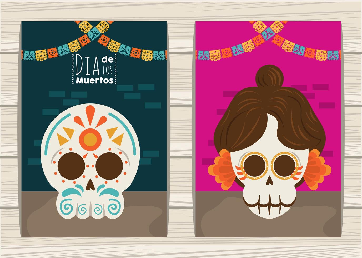 cartel del dia de los muertos con katrina y cabeza calaveras y guirnaldas vector