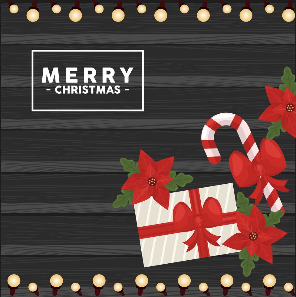 merry christmas lettering in square frame with gift and cane vector