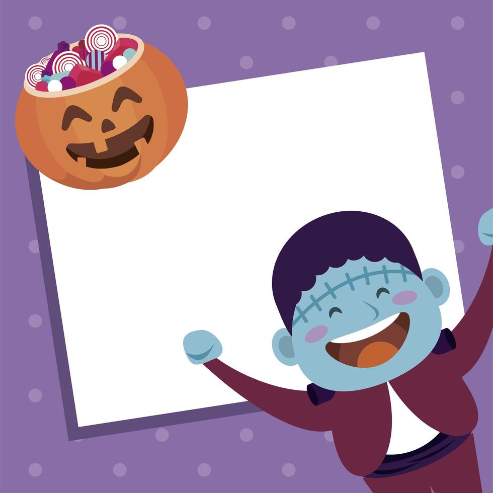 happy halloween party with frankenstein and candies pumpkin vector