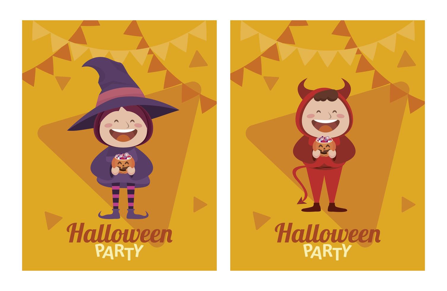 happy halloween party with little devil and witch characters vector