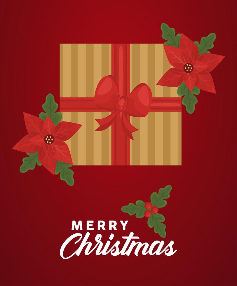 Feliz navidad letras con regalo dorado y flores en fondo rojo. vector