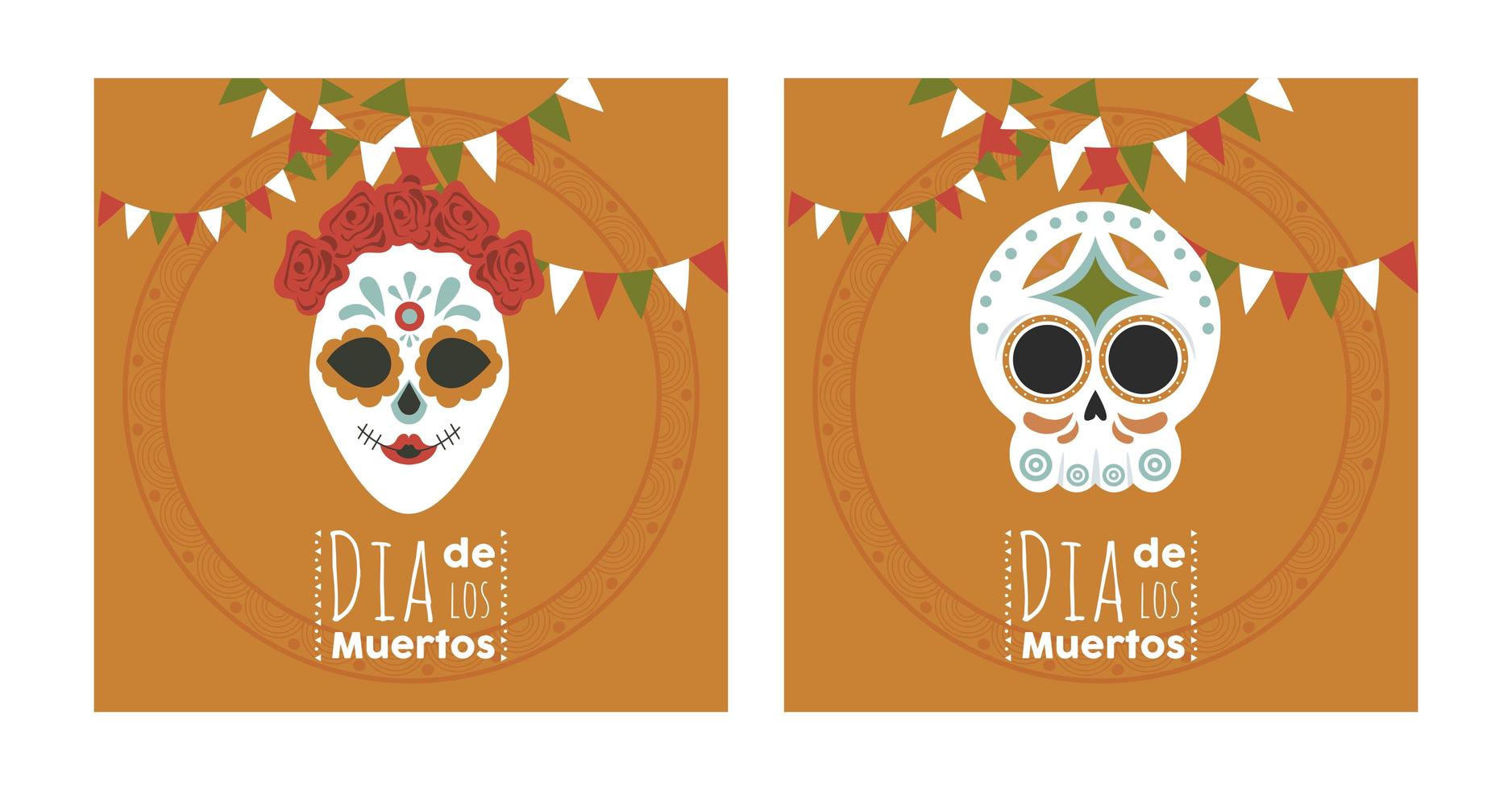dia de los muertos poster with skulls couple and garlands vector