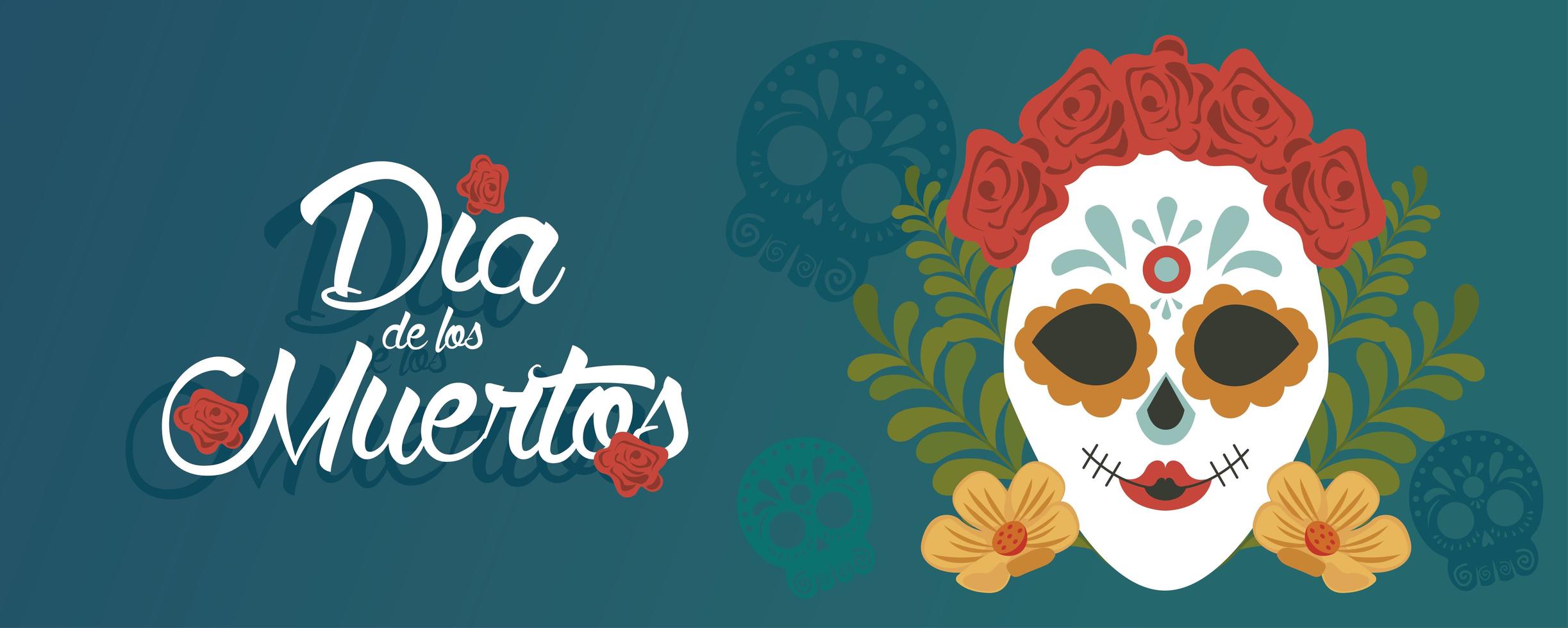 cartel del dia de los muertos con calavera katrina y decoración floral vector