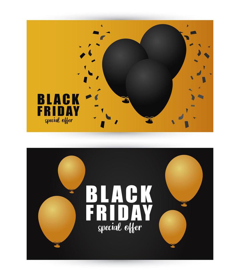 Banner de venta de viernes negro con letras y globos de helio vector
