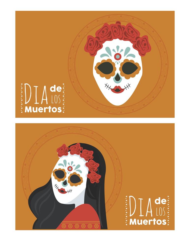 cartel de dia de los muertos con calaveras de katrina y letras vector