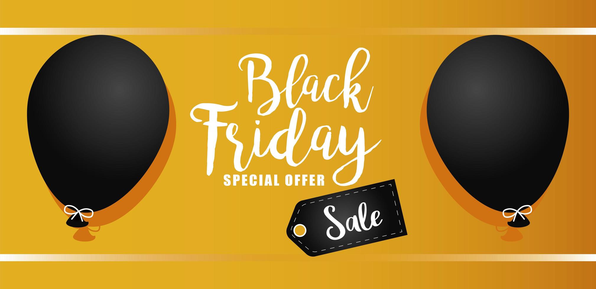 black friday sale lettering banner with balloons in yellow background vector