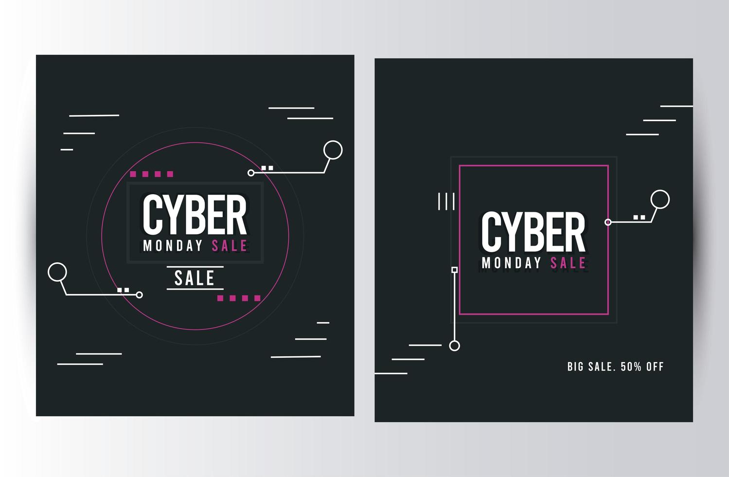 Carteles de rebajas de cyber monday con marcos cuadrados. vector