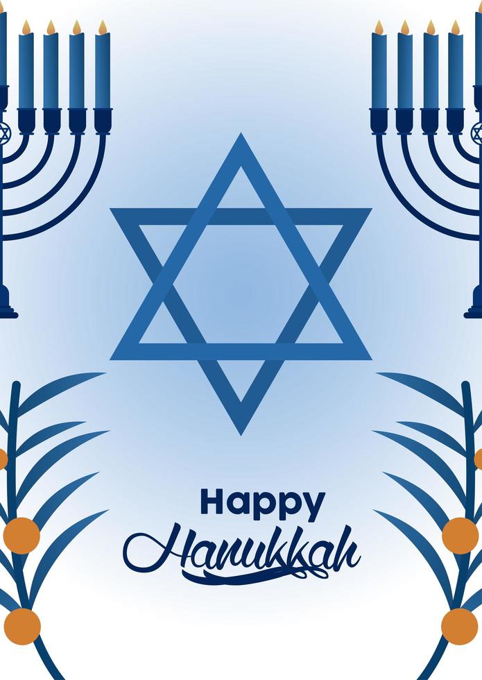 feliz celebración de hanukkah con estrella judía y candelabros vector