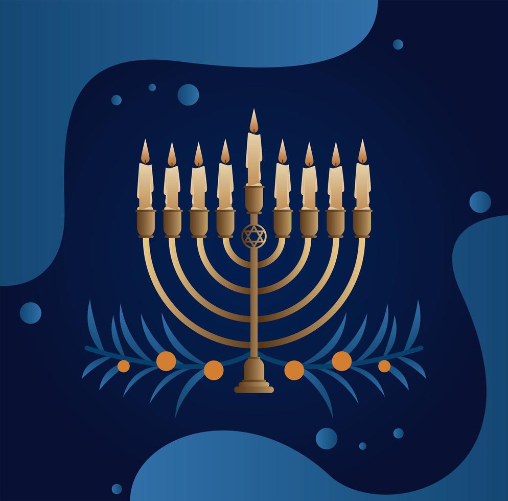 feliz celebración de hanukkah con candelabro y hojas vector