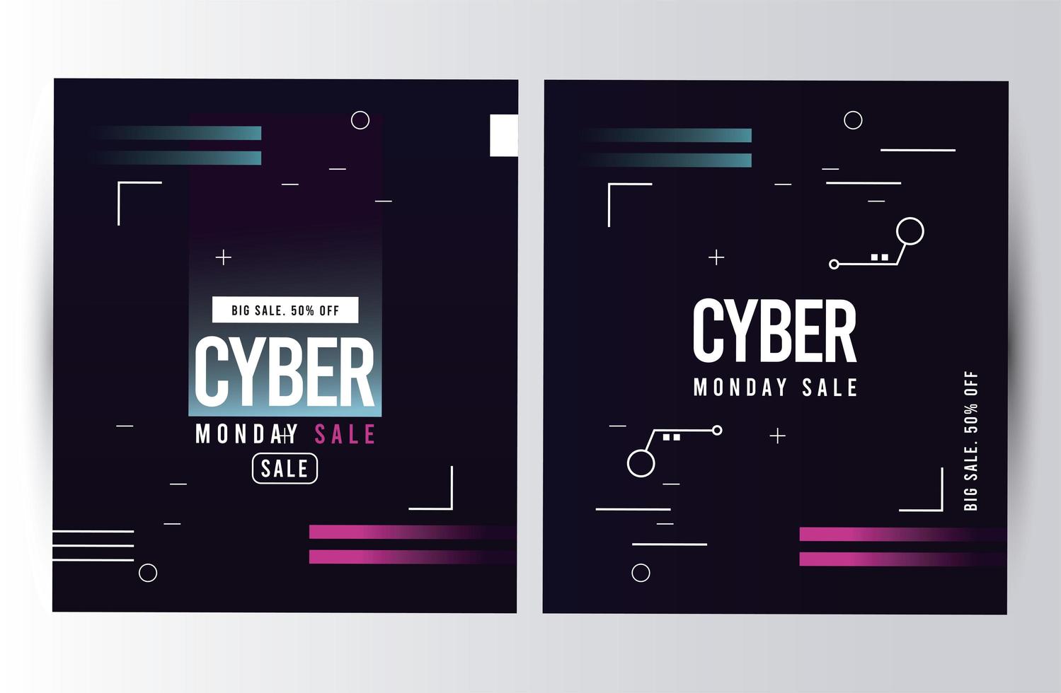 carteles de venta de cyber monday con líneas rosadas y azules vector