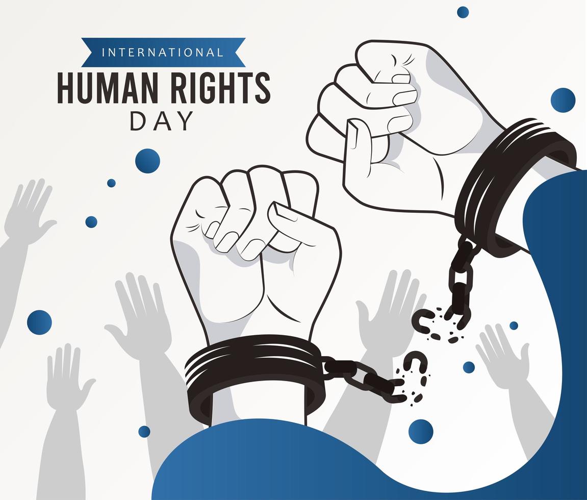 cartel del día de los derechos humanos con manos rompiendo esposas vector