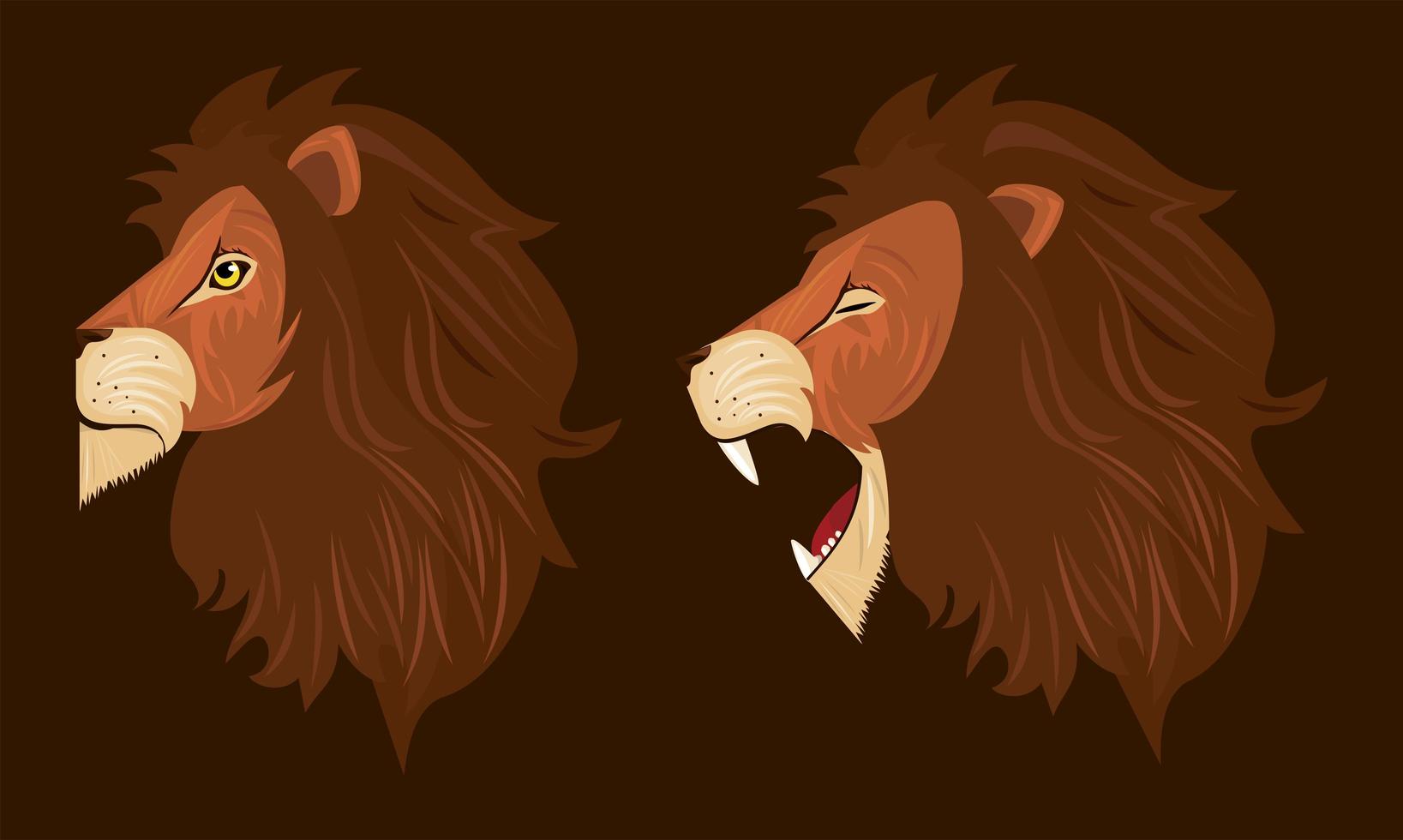 cabezas de leones de perfil, iconos de colores vector